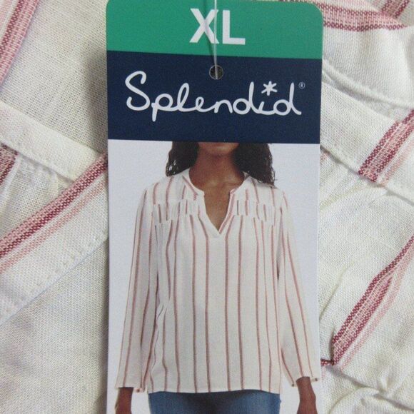 SPLENDID Linen Blend Blouse Womens XL Yoked Red White Strip V Neck Top Shirt NWT - Picture 6 of 12